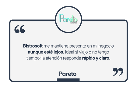 Bistrosoft me mantiene presente en mi negocio aunque esté lejos. Ideal si viajo o no tengo tiempo; la atención responde rápido y claro incluso hoy siempre.